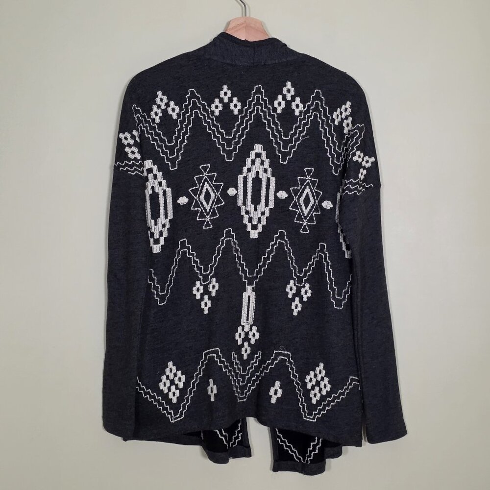 Lucky Lotus Aztec Tribal Embroidered Cardigan Women M Gray Cotton Boho Lagenlook - Picture 2 of 16